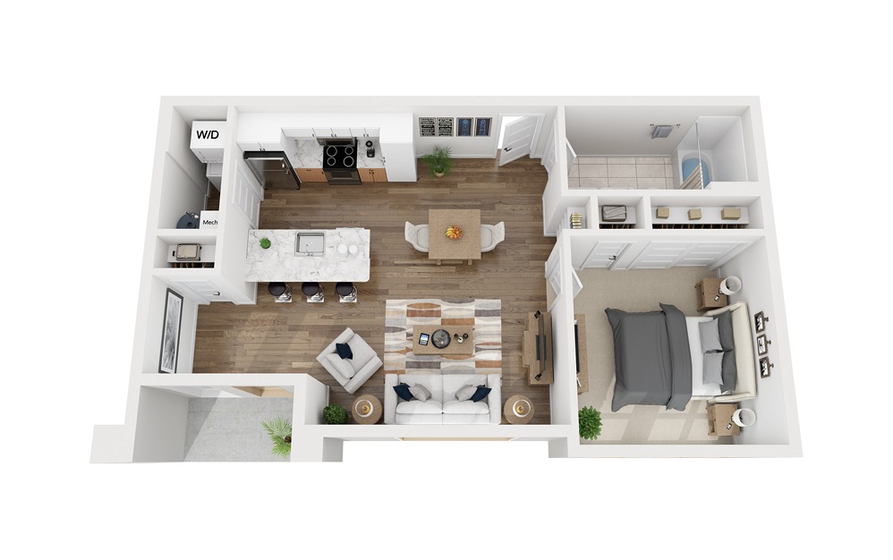 1F - 1 bedroom floorplan layout with 1 bath and 709 square feet.