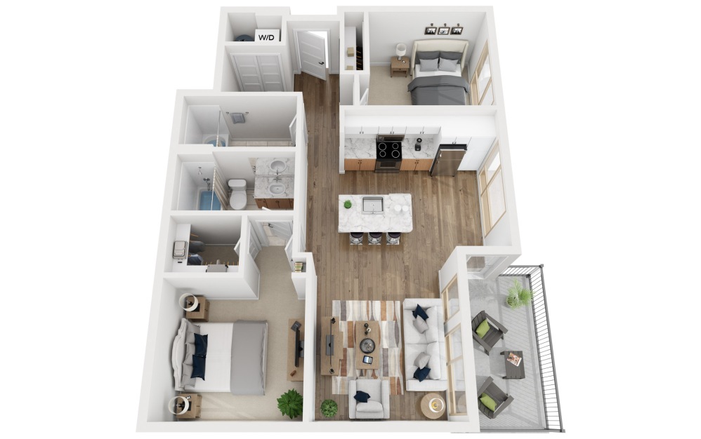 2G - 2 bedroom floorplan layout with 2 bathrooms and 1079 square feet