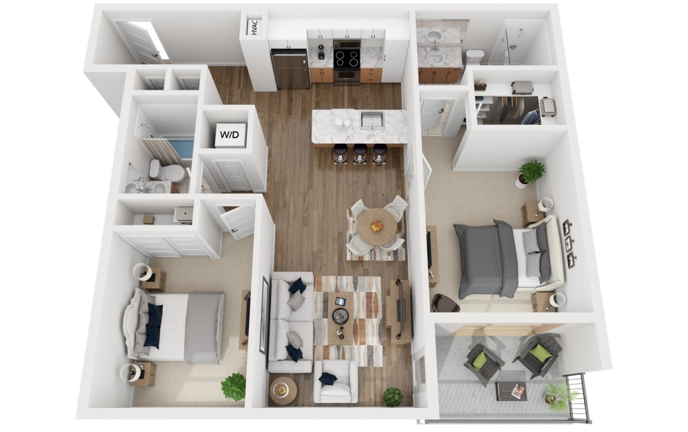 2E - 2 bedroom floorplan layout with 2 bathrooms and 1038 square feet