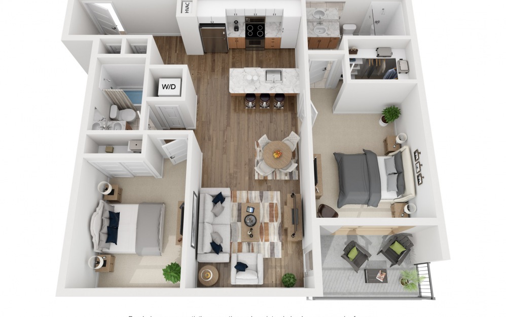 2E - 2 bedroom floorplan layout with 2 bathrooms and 1038 square feet