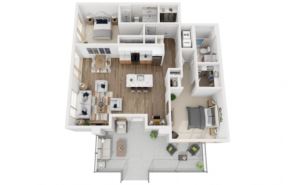 2E - 2 bedroom floorplan layout with 2 baths and 1038 square feet.