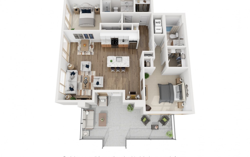 2K - 2 bedroom floorplan layout with 2 baths and 1199 square feet.