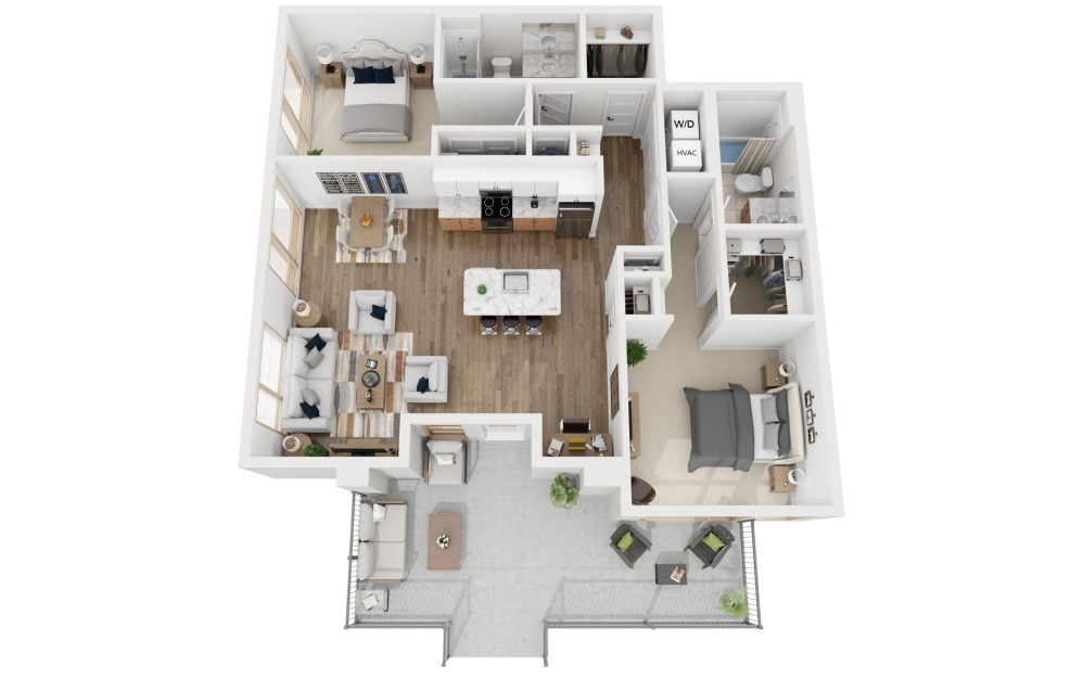 2K - 2 bedroom floorplan layout with 2 bathrooms and 1199 square feet