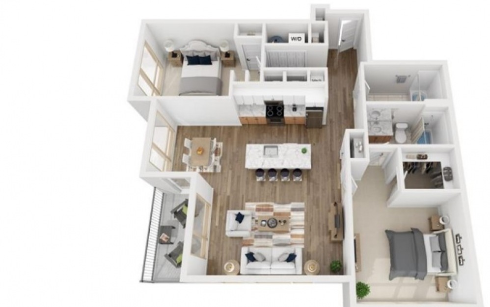 2L - 2 bedroom floorplan layout with 2 baths and 1200 square feet.