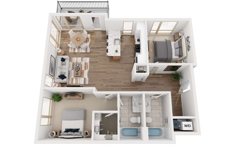 2B - 2 bedroom floorplan layout with 2 baths and 1056 square feet.