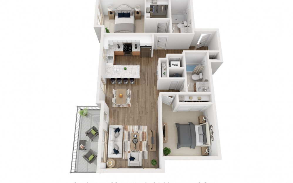 2H - 2 bedroom floorplan layout with 2 bathrooms and 1083 square feet