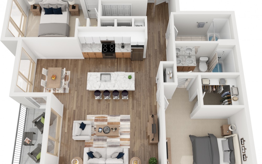 2M - 2 bedroom floorplan layout with 2 bathrooms and 1238 square feet