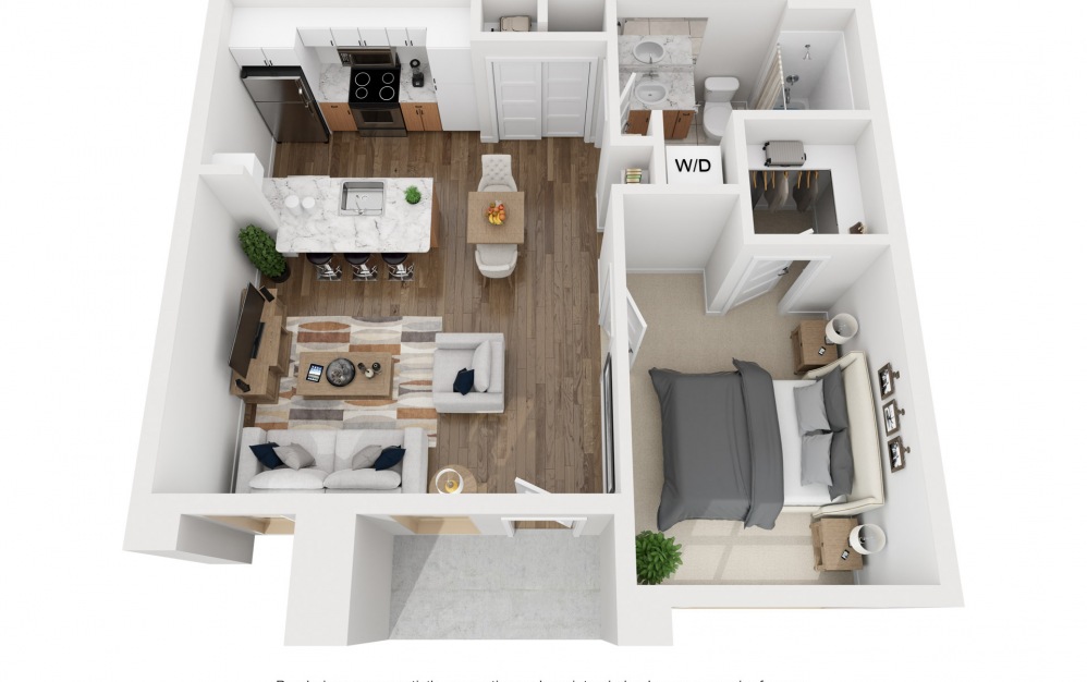 1B - 1 bedroom floorplan layout with 1 bathroom and 641 square feet