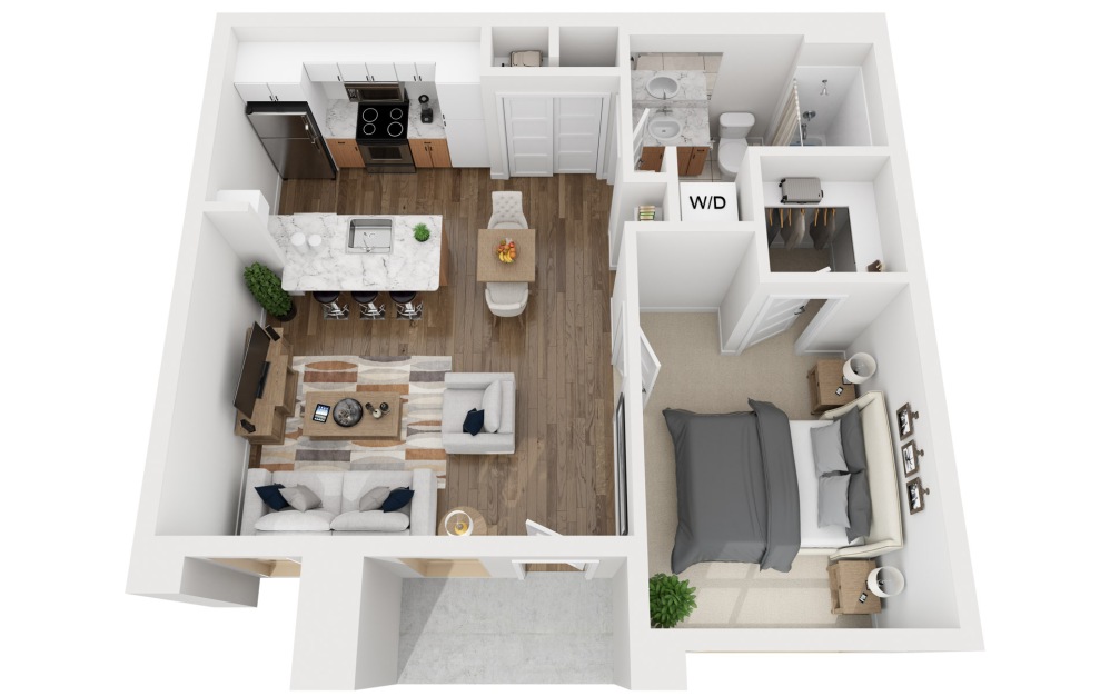 1B - 1 bedroom floorplan layout with 1 bathroom and 641 square feet