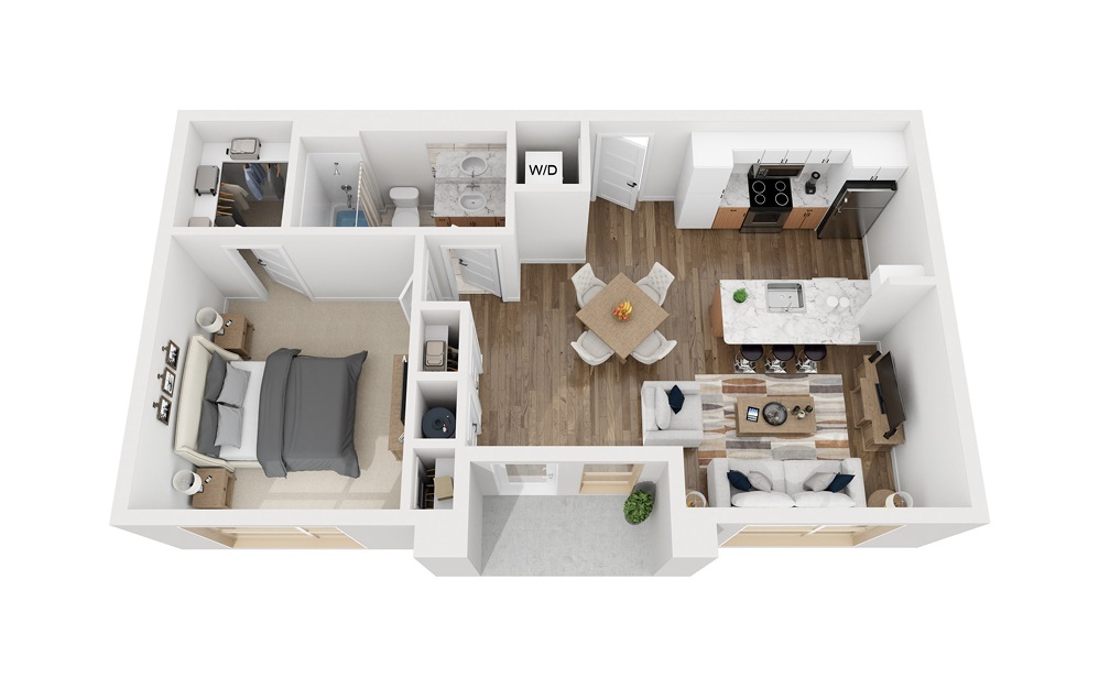 1G - 1 bedroom floorplan layout with 1 bath and 711 square feet.