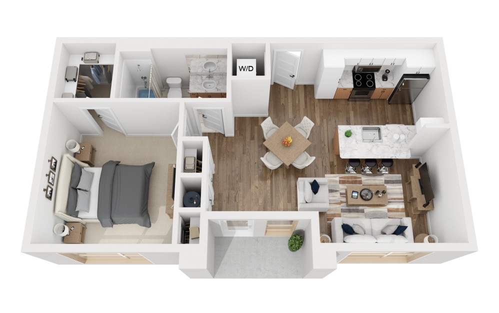 1D - 1 bedroom floorplan layout with 1 bathroom and 697 square feet