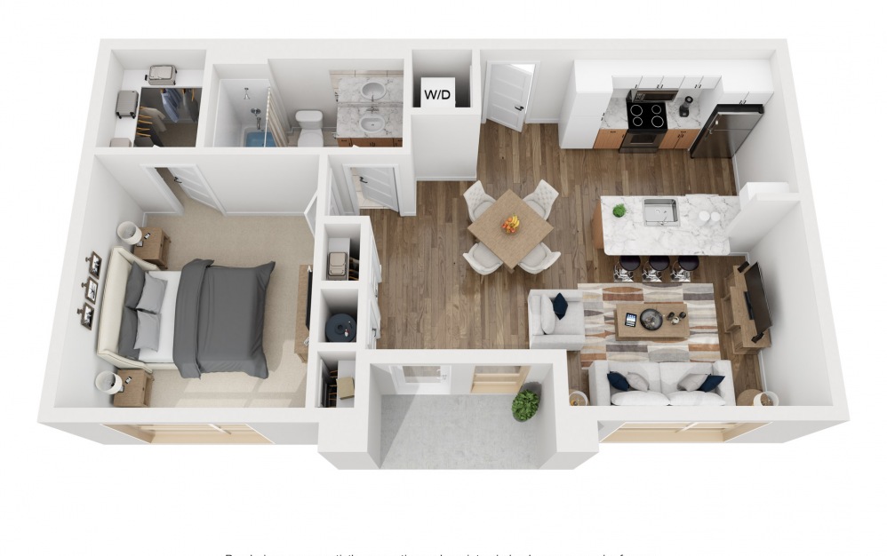 1D - 1 bedroom floorplan layout with 1 bathroom and 697 square feet