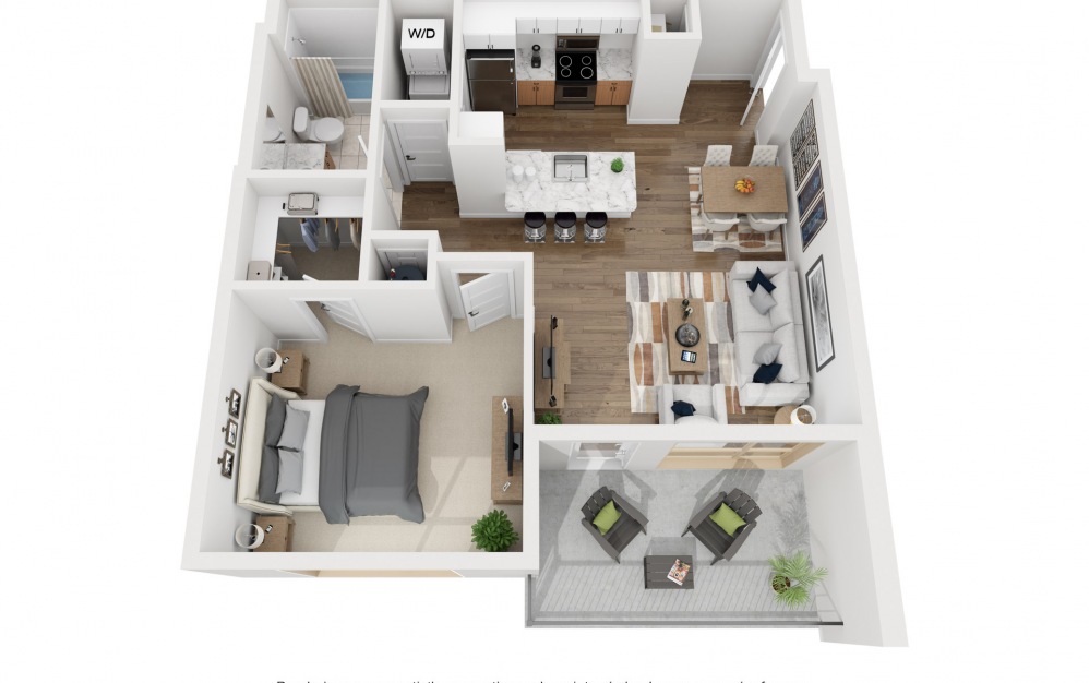 1E - 1 bedroom floorplan layout with 1 bathroom and 708 square feet