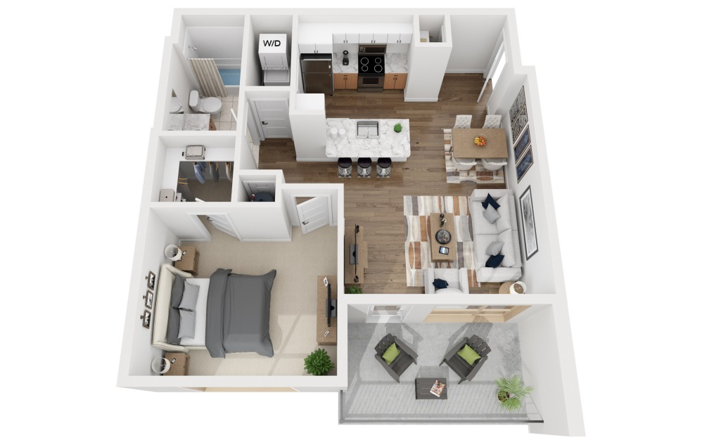 1E - 1 bedroom floorplan layout with 1 bathroom and 708 square feet