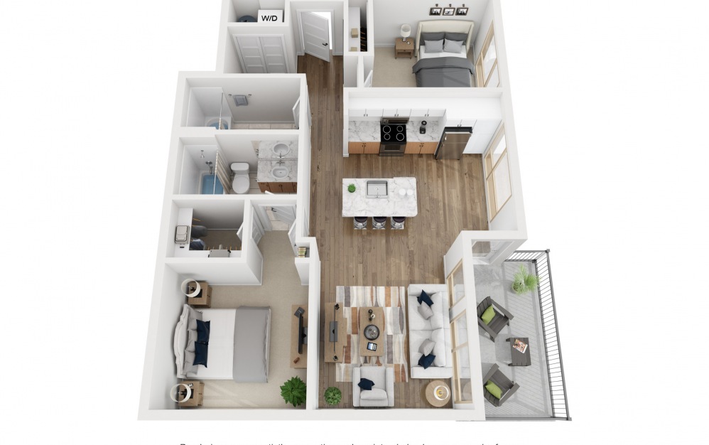 2D - 2 bedroom floorplan layout with 2 baths and 1032 square feet.