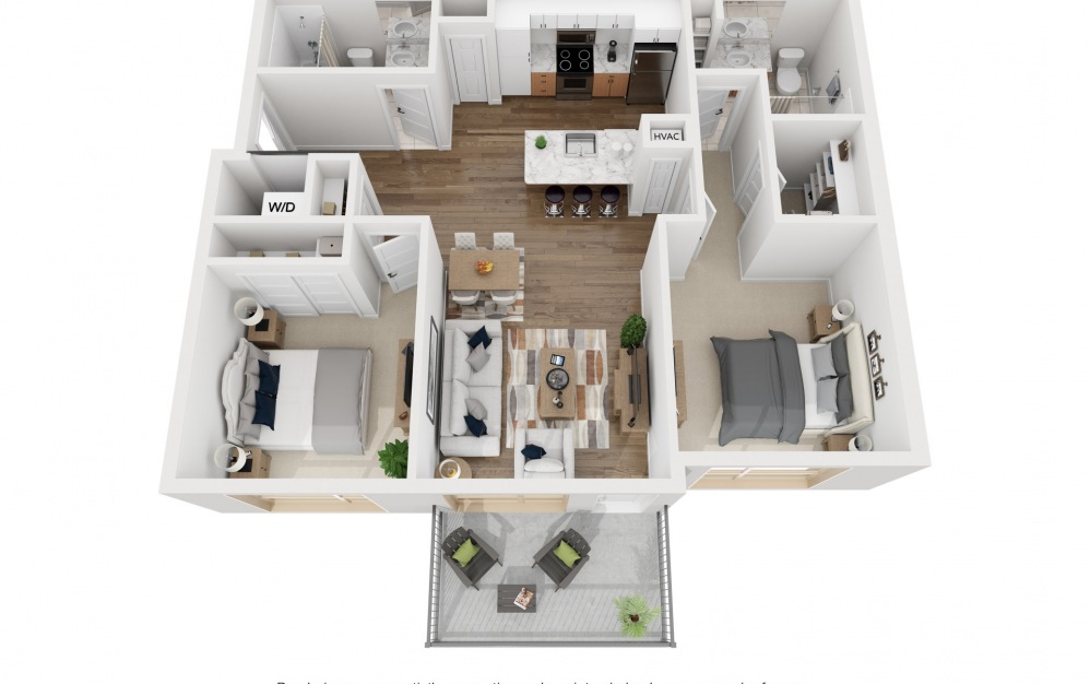 2B - 2 bedroom floorplan layout with 2 bathrooms and 1005 square feet