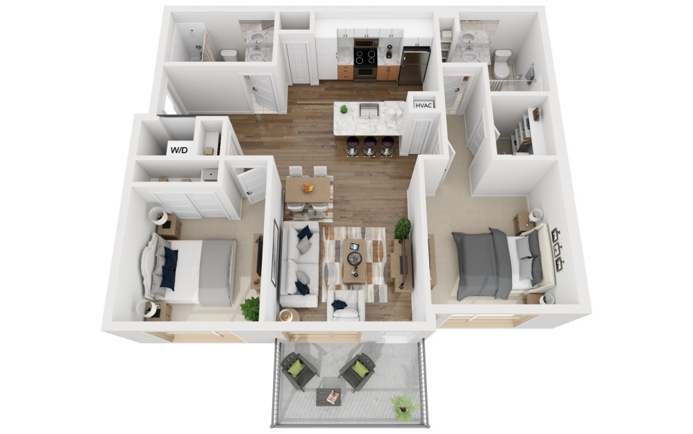 2B - 2 bedroom floorplan layout with 2 bathrooms and 1005 square feet