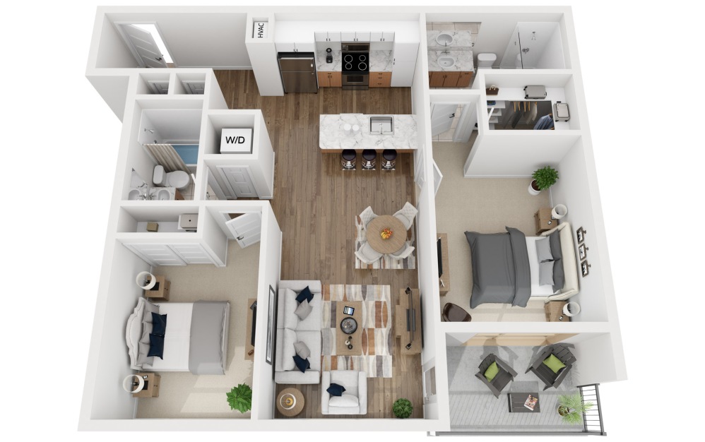 2C - 2 bedroom floorplan layout with 2 bathrooms and 1018 square feet