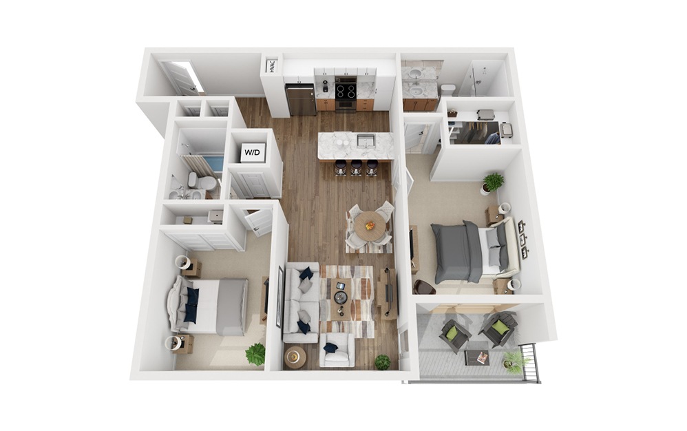 2D - 2 bedroom floorplan layout with 2 baths and 1032 square feet.