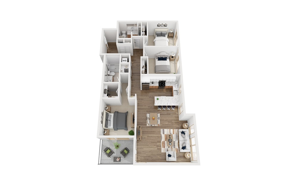 3B - 3 bedroom floorplan layout with 2 baths and 1375 square feet.