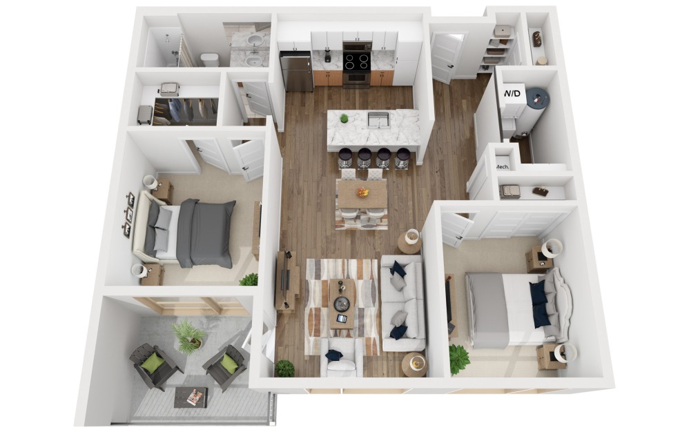 2A - 2 bedroom floorplan layout with 1 bathroom and 951 square feet