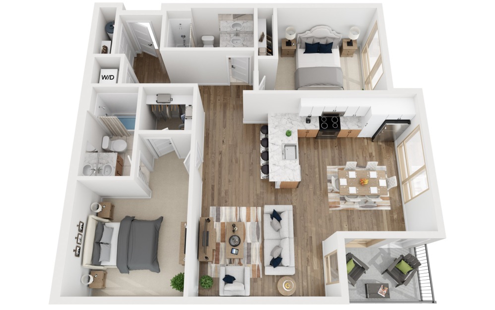 2J - 2 bedroom floorplan layout with 2 bathrooms and 1094 square feet